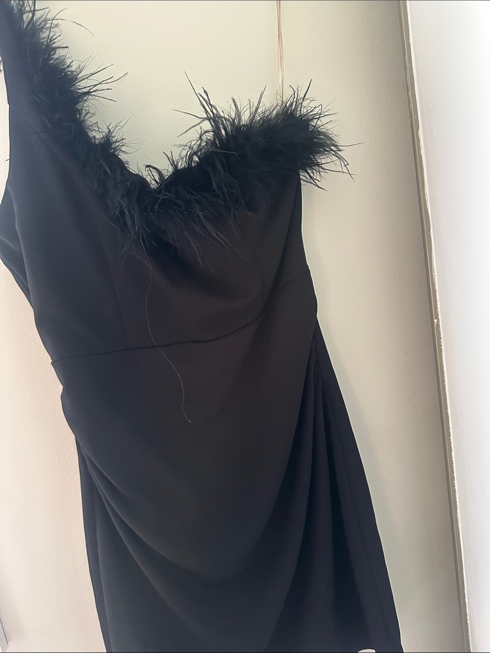 Elegant Black Feather-Trim Slip Dress